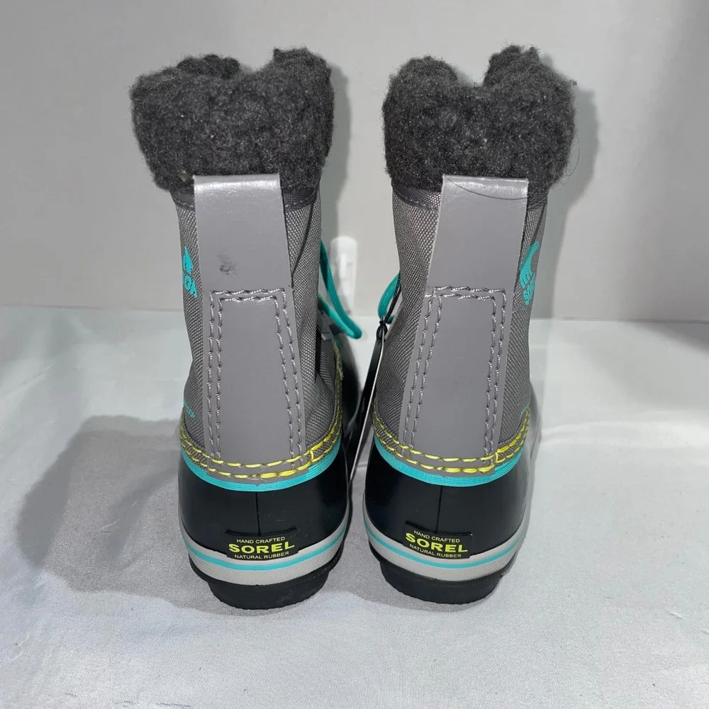 Sorel Yoot Pac Nylon Waterproof Winter‎ Boots Grey Black Teal NC1962-052 Kids 12